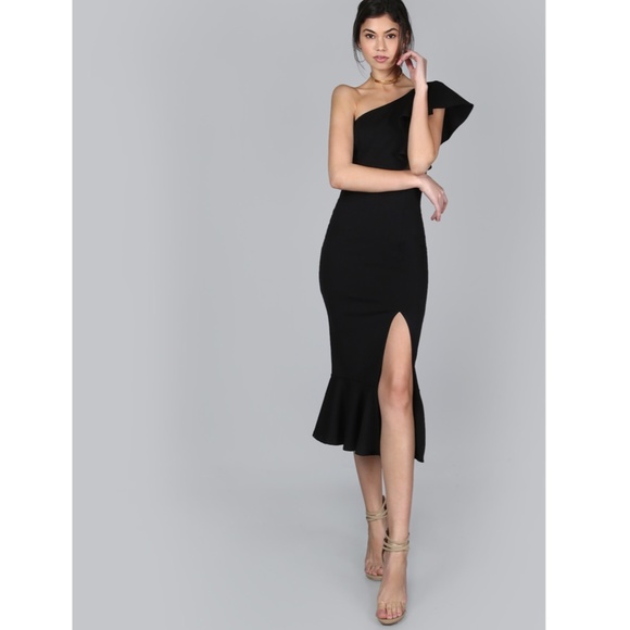 Black Ruffle Detail Leg Slit Midi Dress - Picture 4 of 8